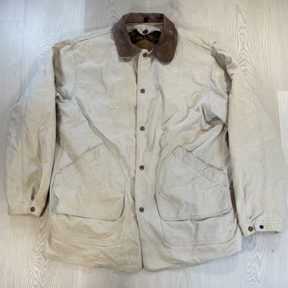 Rare VTG WOOLRICH Southwestern Blanket Lined Leather Collar Chore Jacket 90s L